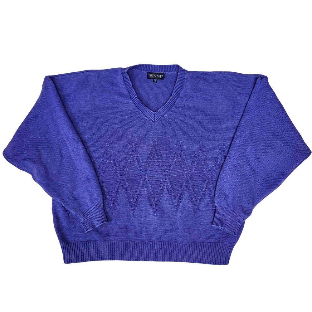 Vintage Lands End Oversized Diamond Knit V-Neck Sweater Purple USA Ivy Prep XL